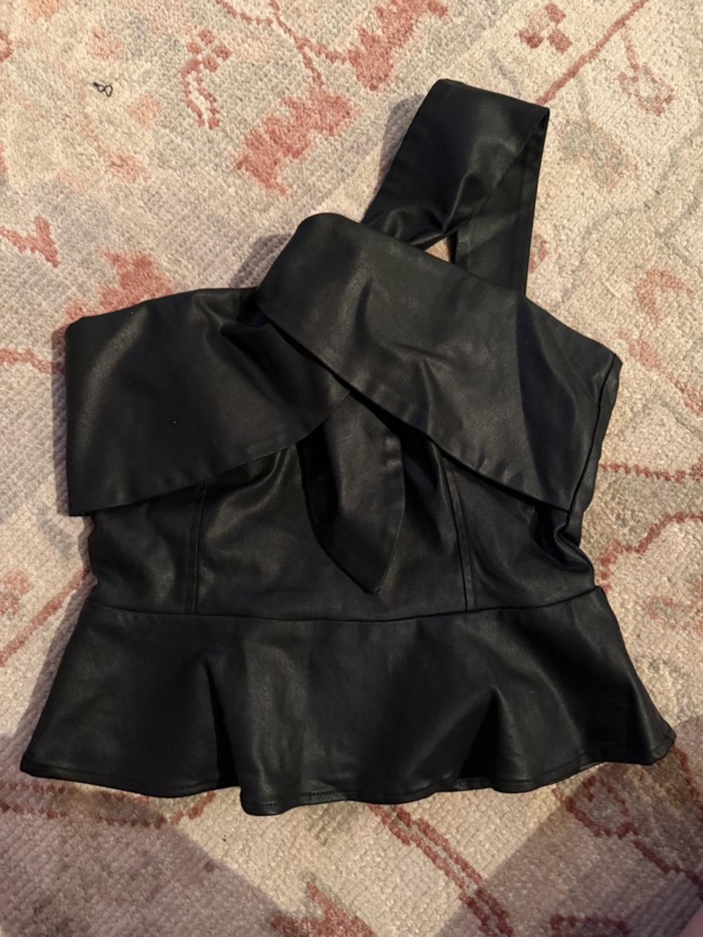 White House Black Market Black Faux Leather Asymmetric Peplum Top